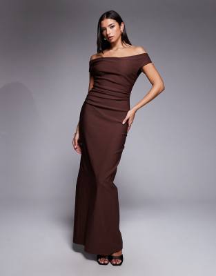 Vesper - Schulterfreies Maxikleid in Schokobraun mit geraffter Vorderseite-Brown