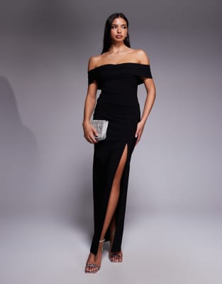 Vesper - Schulterfreies Midikleid aus Bengaline in Schwarz mit überkreuzter Vorderpartie