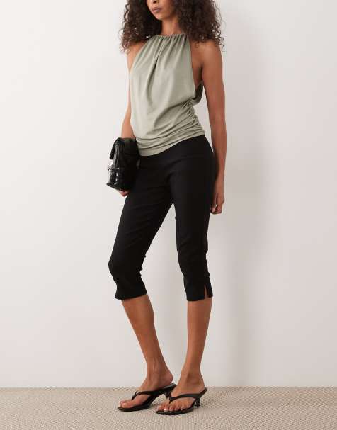 Vesper sculpting bengaline side slit cropped capri pants in black - view 1