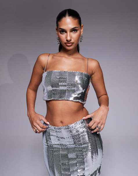 Vesper Sequin cami strap crop top in silver - view 1