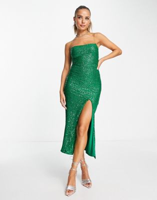Vesper Sequin Cami Strap Midaxi Dress In Green