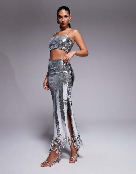 Vesper Sequin midaxi skirt in silver