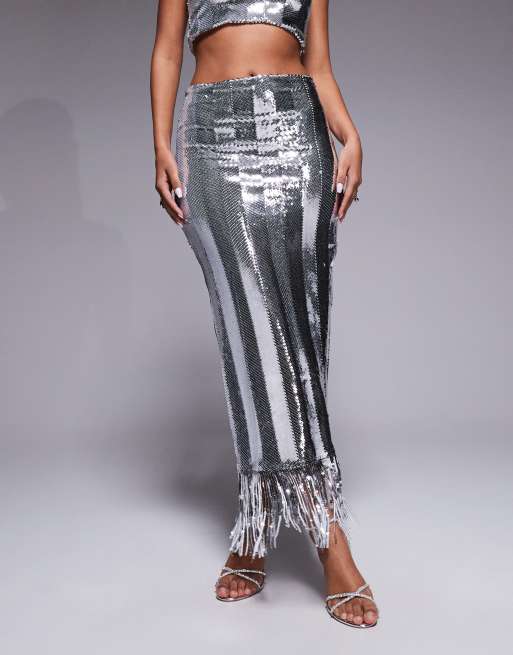 Vesper Sequin midaxi skirt in silver, 5 of 5