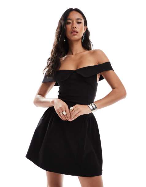Vesper – Skaterkleid aus Bengaline in Schwarz mit umgeschlagenem Bardot-Ausschnitt - view 1