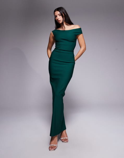 Vesper - Skovgrøn maxikjole med offshoulder-snit i bengalin - view 1