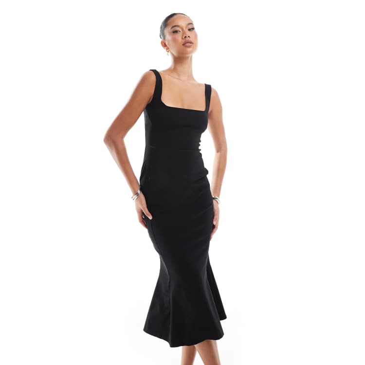 Black fashion strappy tie waist fishtail midi dress