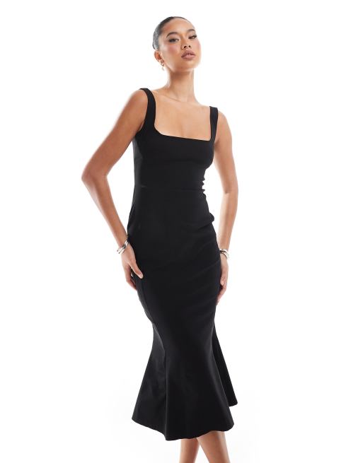 Vesper sleeveless square neck fishtail midi dress in black