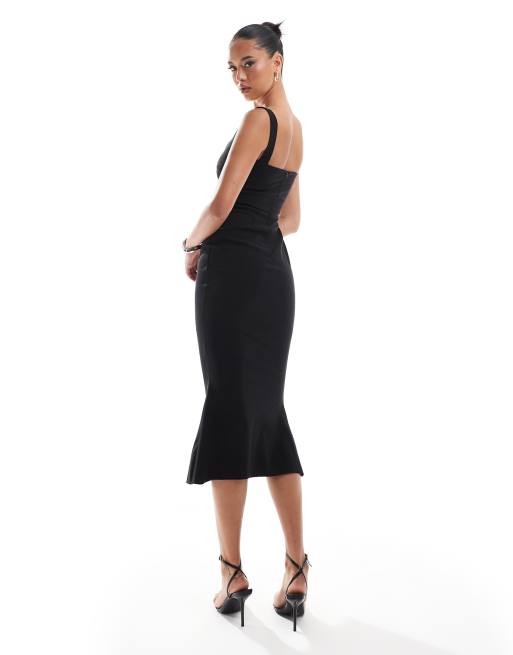 Vesper sleeveless square neck fishtail midi dress in black