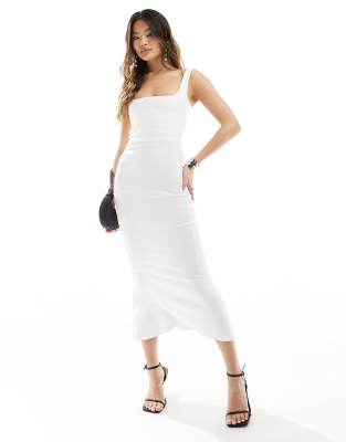 sleeveless square neck fishtail midi dress in white