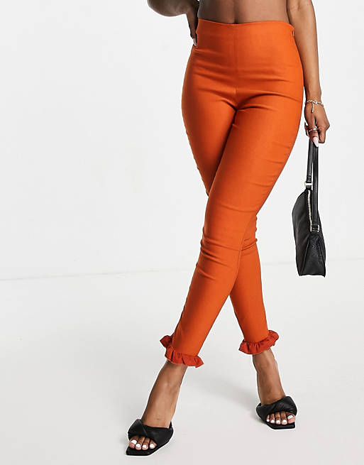 Vesper slim trousers with ruffle detail co-ord in rust