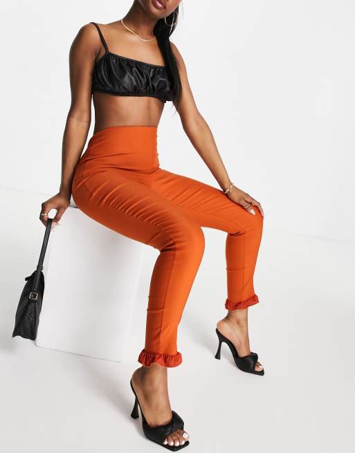 Vesper slim trousers with ruffle detail co-ord in rust, 4 of 4