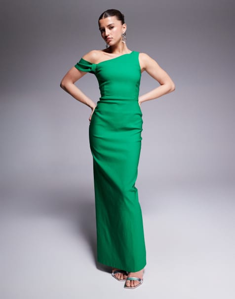 Vesper - Smaragdgrøn bodycon-maxikjole i bengalin med oneshoulder-snit og knudedetalje - view 1