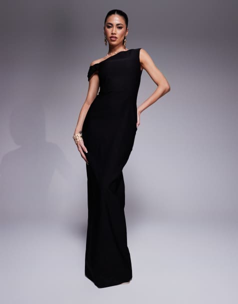 Vesper - Sort bodycon-maxikjole med oneshoulder-snit og knudedetalje - view 1