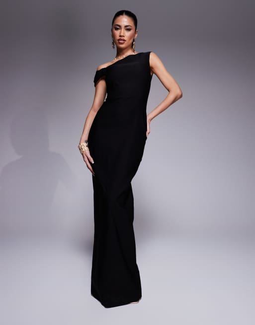 Vesper - Sort bodycon-maxikjole med oneshoulder-snit og knudedetalje