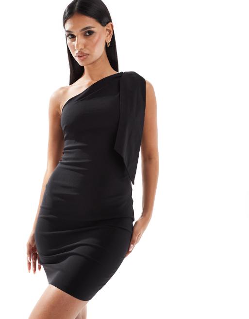 Vesper - Sort bodycon-minikjole med oneshoulder-snit og halstørklædedetalje