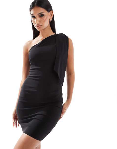 Vesper - Sort bodycon-minikjole med oneshoulder-snit og tørklædedetalje i bengalin - view 1