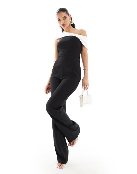 Vesper - Sort jumpsuit med hvid bandeau-kant i bengalin - view 1