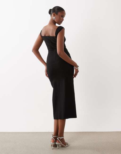 Vesper - Sort offshoulder-midikjole med slids foran i bengalin, 4 af 4