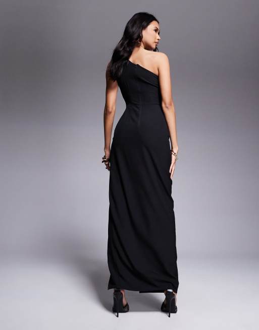 Vesper - Sort oneshoulder-maxikjole med kontrastdetalje i satin, 2 af 4