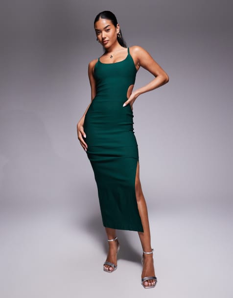 Vesper Square neck bodycon midaxi dress with cut-out in forest green - view 1
