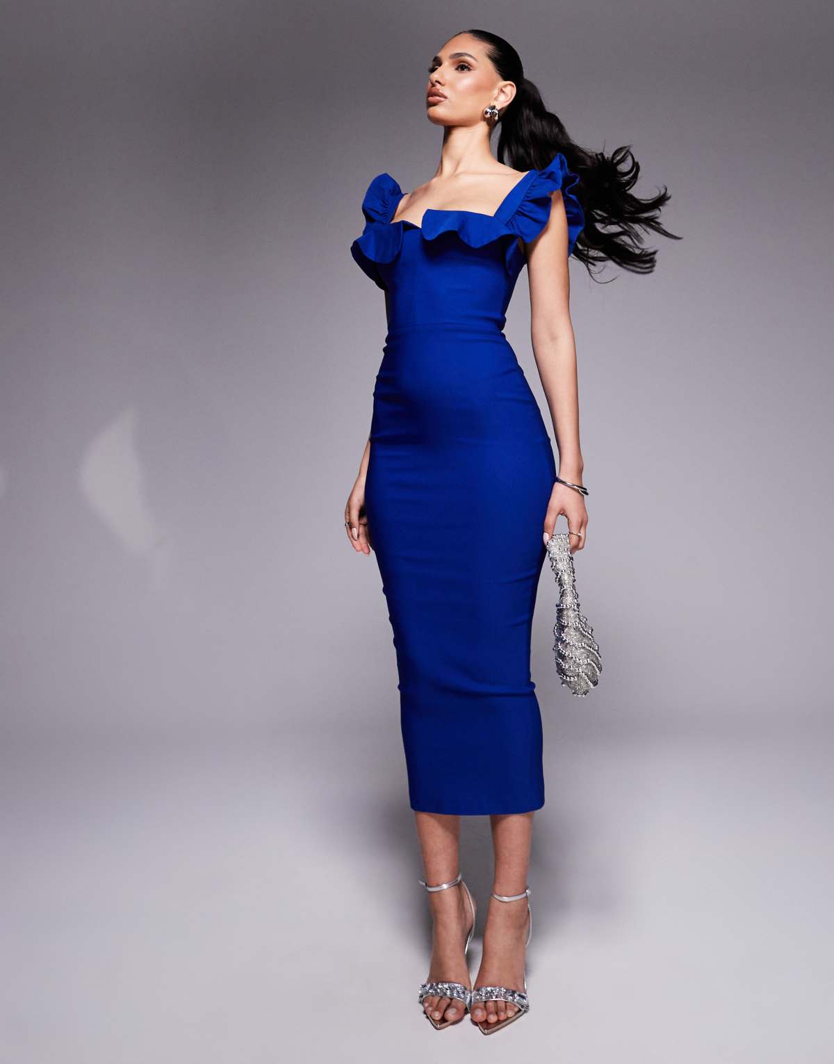 Vesper Square neck bodycon midaxi dress with frill in cobalt
