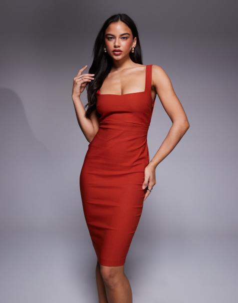 Vesper Square neck bodycon midi dress in rust