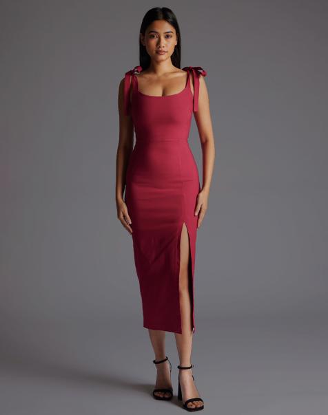 Vesper Square neck bow strap midaxi dress in raspberry - view 1