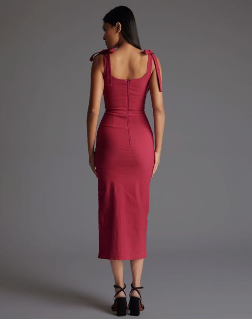 Vesper Square neck bow strap midaxi dress in raspberry, 2 of 4