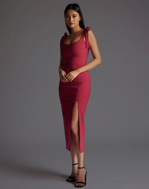 Vesper Square neck bow strap midaxi dress in raspberry, 3 of 4