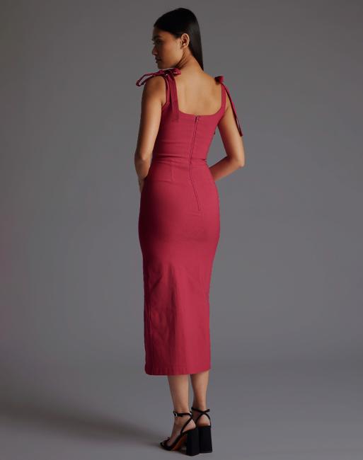 Vesper Square neck bow strap midaxi dress in raspberry, 4 of 4