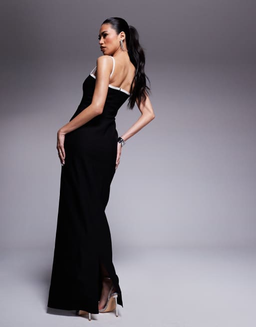 Classy Contrast Fabric Piping Capsleeve Lace Dress in Black