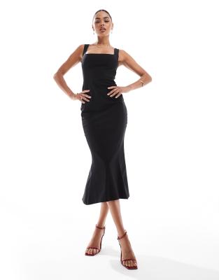 Vesper square neck fishtail midaxi dress in black