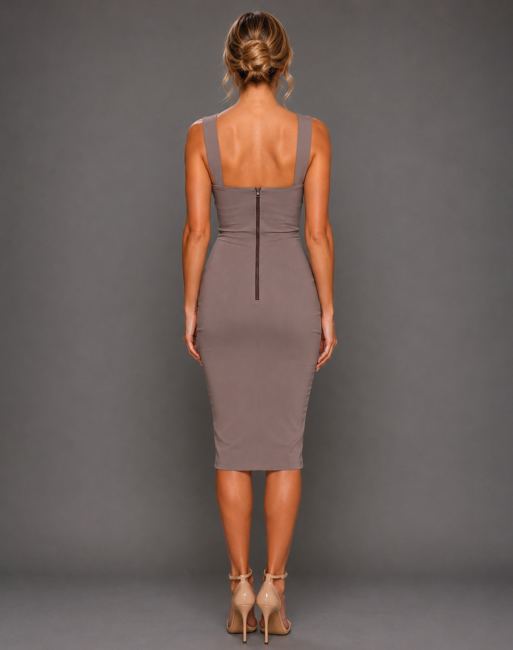 Vesper Square neck midi dress in taupe, 2 of 5
