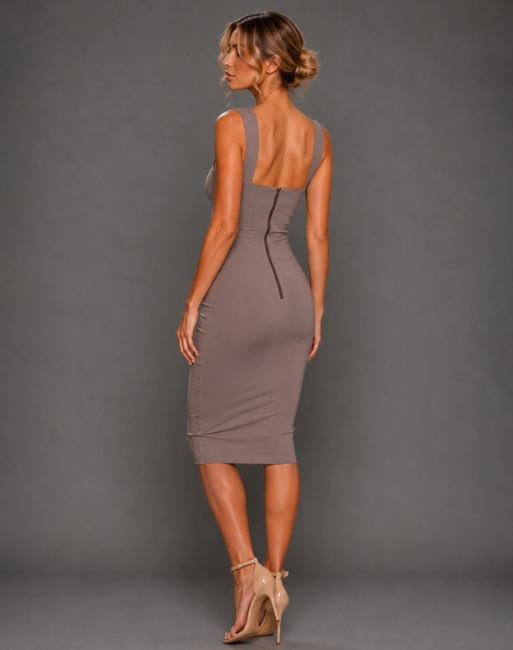 Vesper Square neck midi dress in taupe, 5 of 5