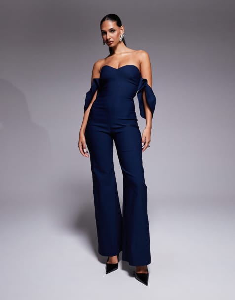 Vesper Square neck ruffle sleeve wide leg jumpsuit in navy - view 1