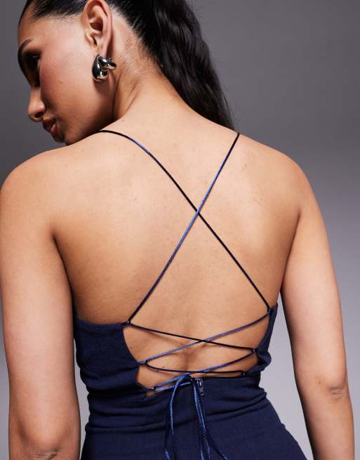 Vesper Square neck strappy back mini dress in navy, 4 of 4