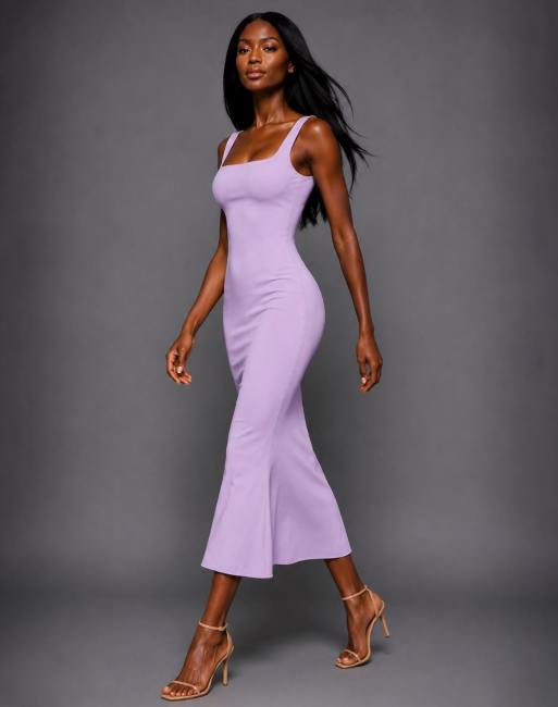 Vesper Square neckline fishtail midaxi dress in lilac, 4 of 5