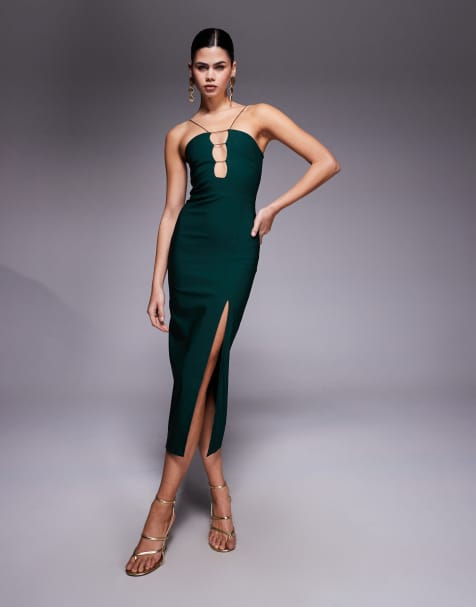Vesper Strap detail midaxi dress with side split in forest green