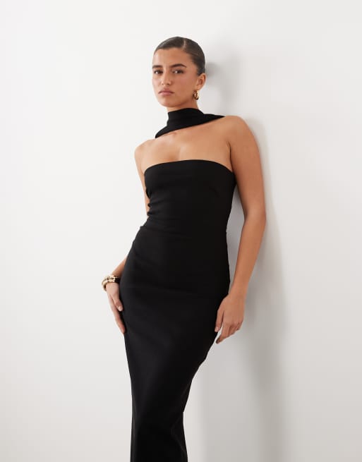 Vesper strapless choker back button detailed bengaline maxi dress in black, 2 of 4