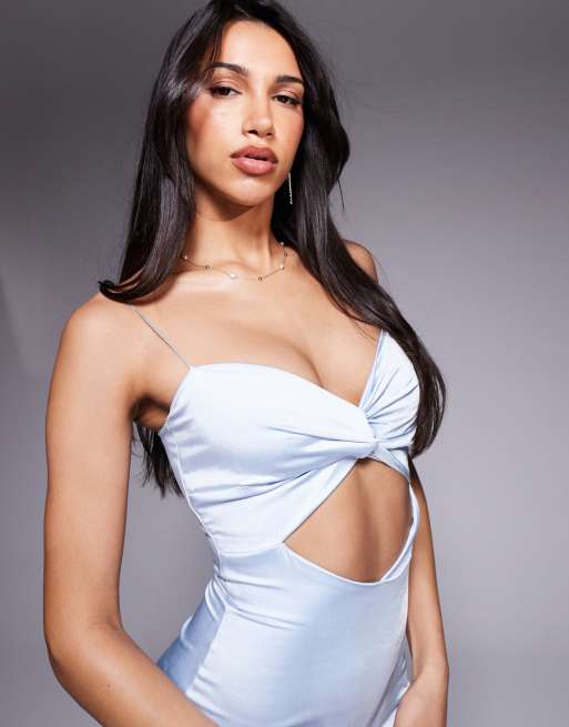 Vesper strappy satin midaxi dress with front cut out in light blue, 4 of 4