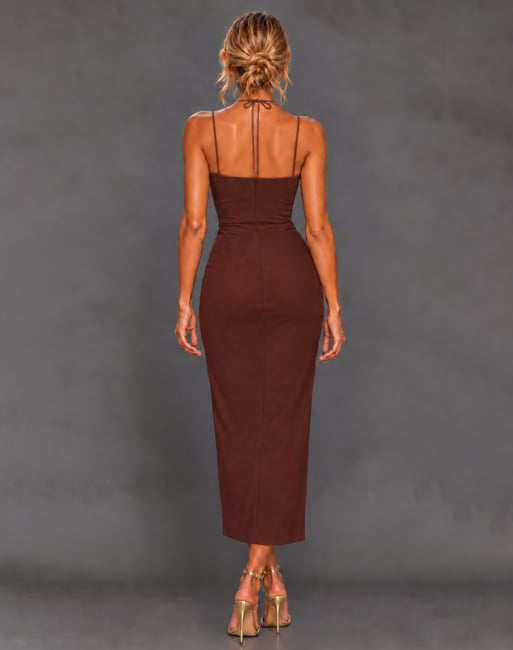 Vesper Strappy thigh split midaxi dress in chocolate, 2 of 5