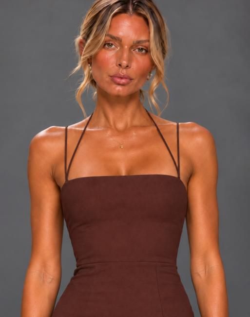 Vesper Strappy thigh split midaxi dress in chocolate, 3 of 5