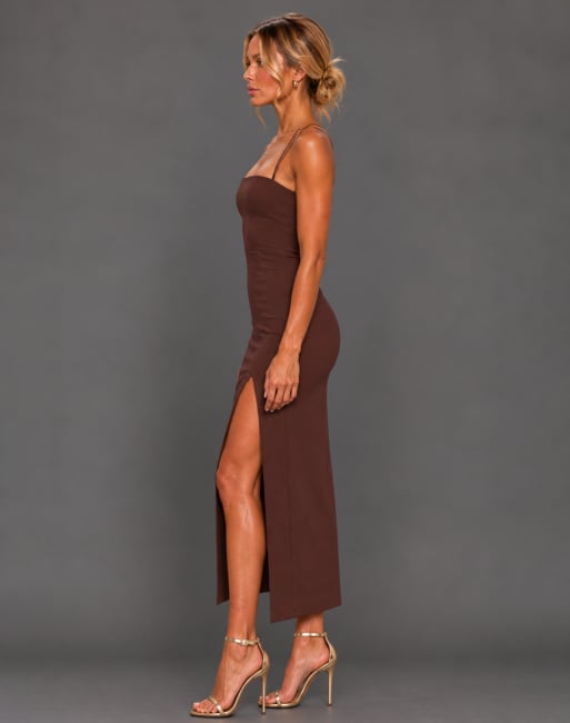 Vesper Strappy thigh split midaxi dress in chocolate, 4 of 5