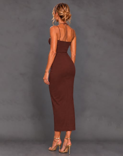 Vesper Strappy thigh split midaxi dress in chocolate, 5 of 5
