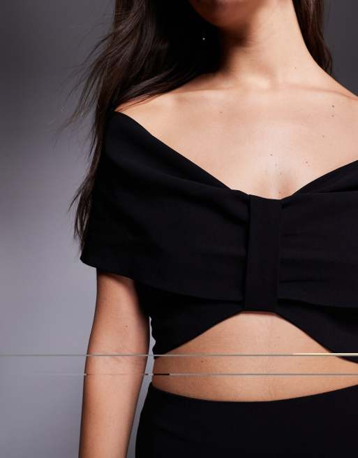 Vesper – Svart crop top i bengalin med bara axlar och snurrad knut framtill, del av set, 2 av 4