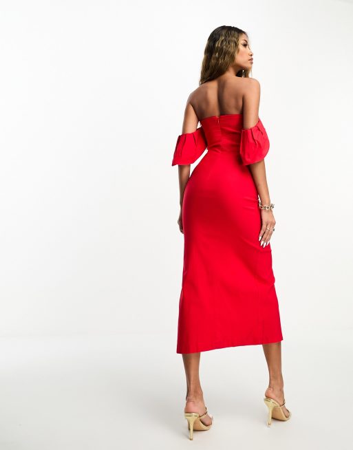 Vesper sweetheart frill sleeve bodycon thigh split midi dress in bright red