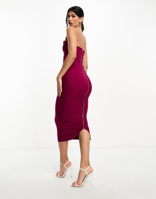 Vesper sweetheart neck bandeau zip back midi dress in berry