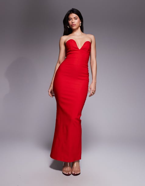 Vesper Sweetheart neck bodycon maxi dress in red