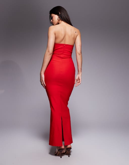 strapless open back dress Red Linen Blend Bustier Maxi Dress - All Dresses