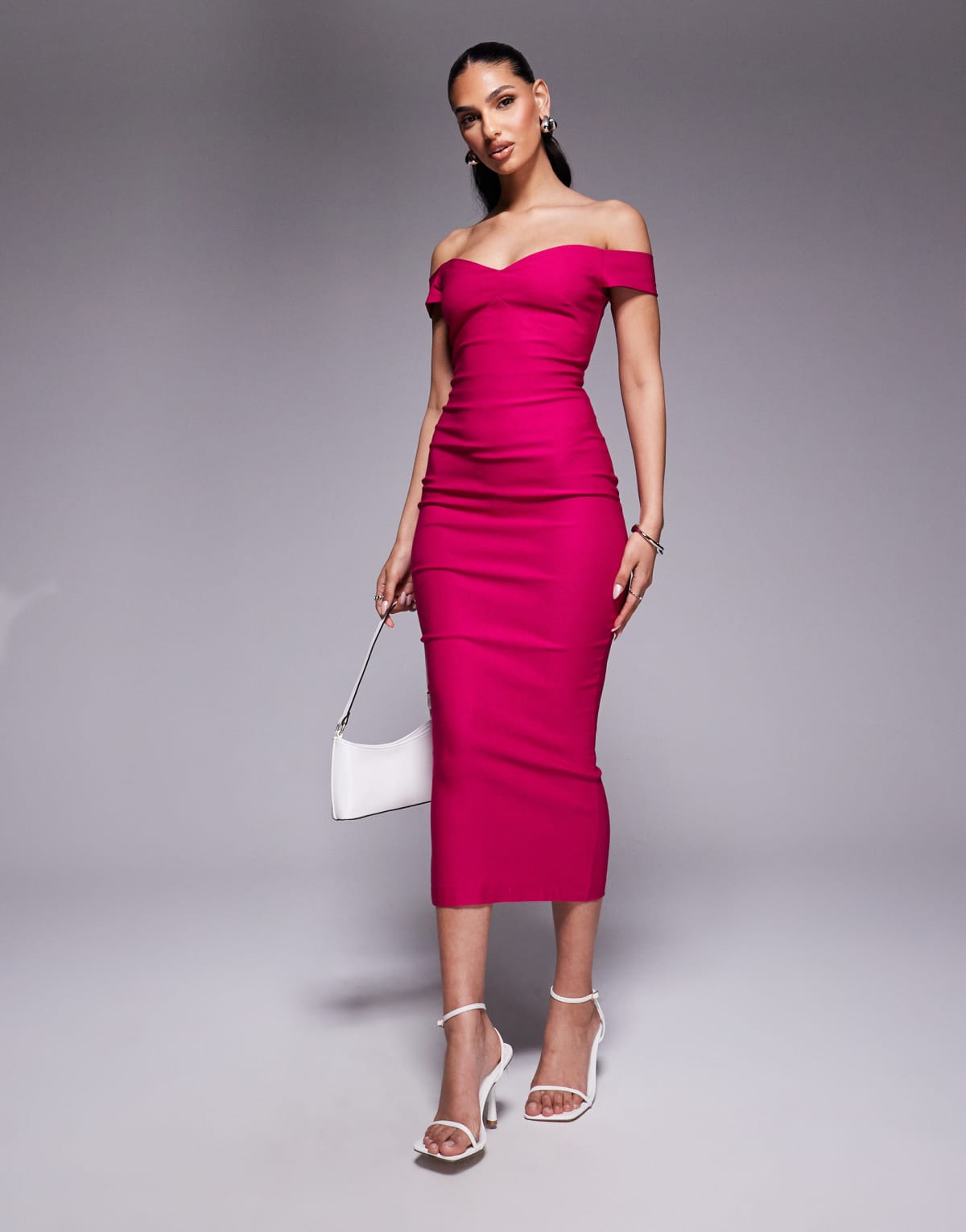 Vesper Sweetheart neckline bardot bodycon midaxi dress in pink